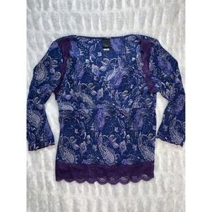 Vtg Jtb Paisley Print Blouse Top XL Purple Blue Lace Trim Long 3/4 Sleeve V-Neck
